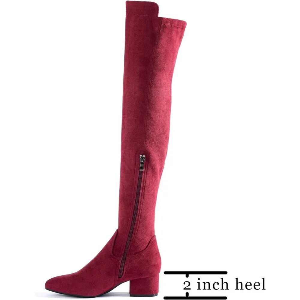 Women's Red Suede High Thigh Low Block Stylish Over-the-Knee Heel Boot